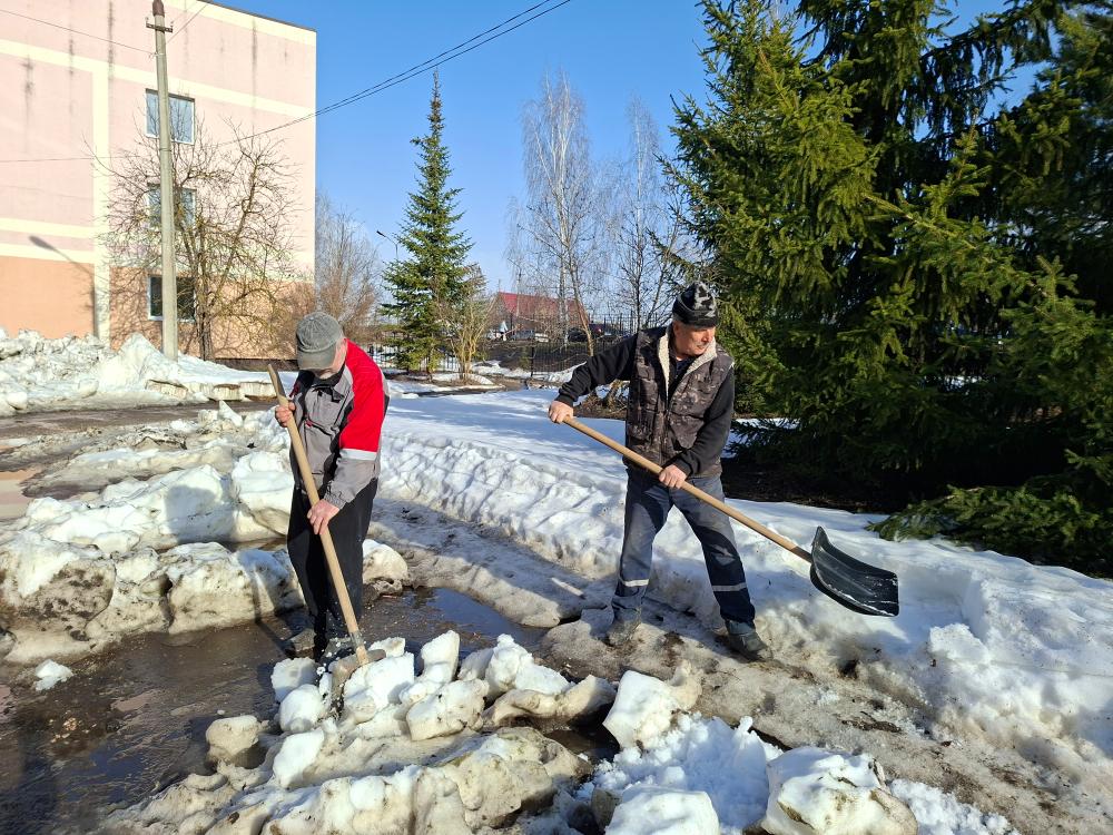 Работники Белинской больницы наводят порядок на территории.